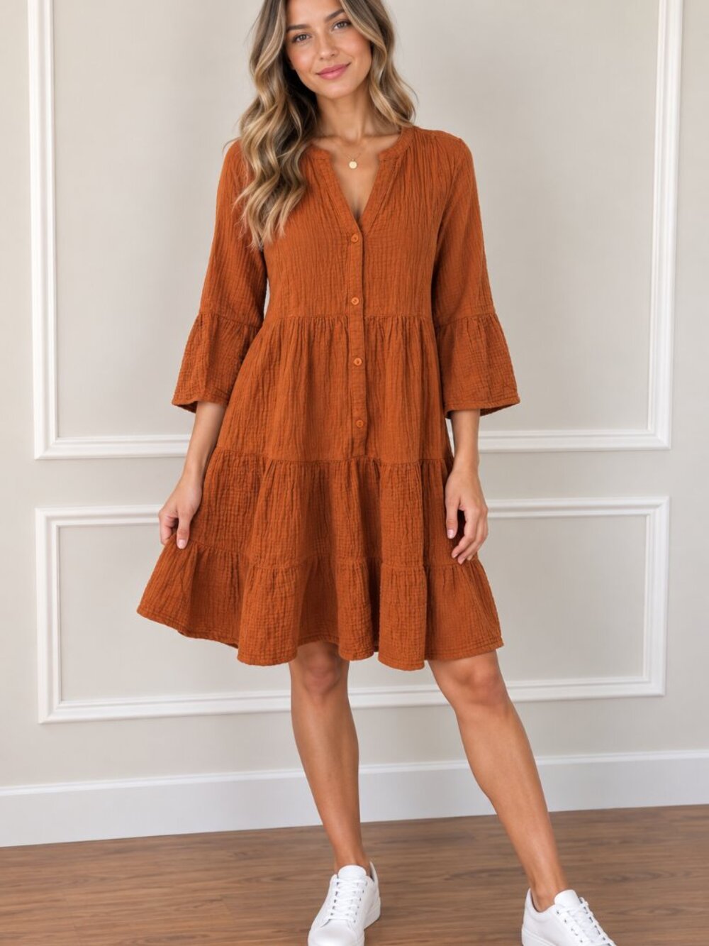 Chaps Rust Orange Crinkle Tiered Button-Front Long Sleeve Dress